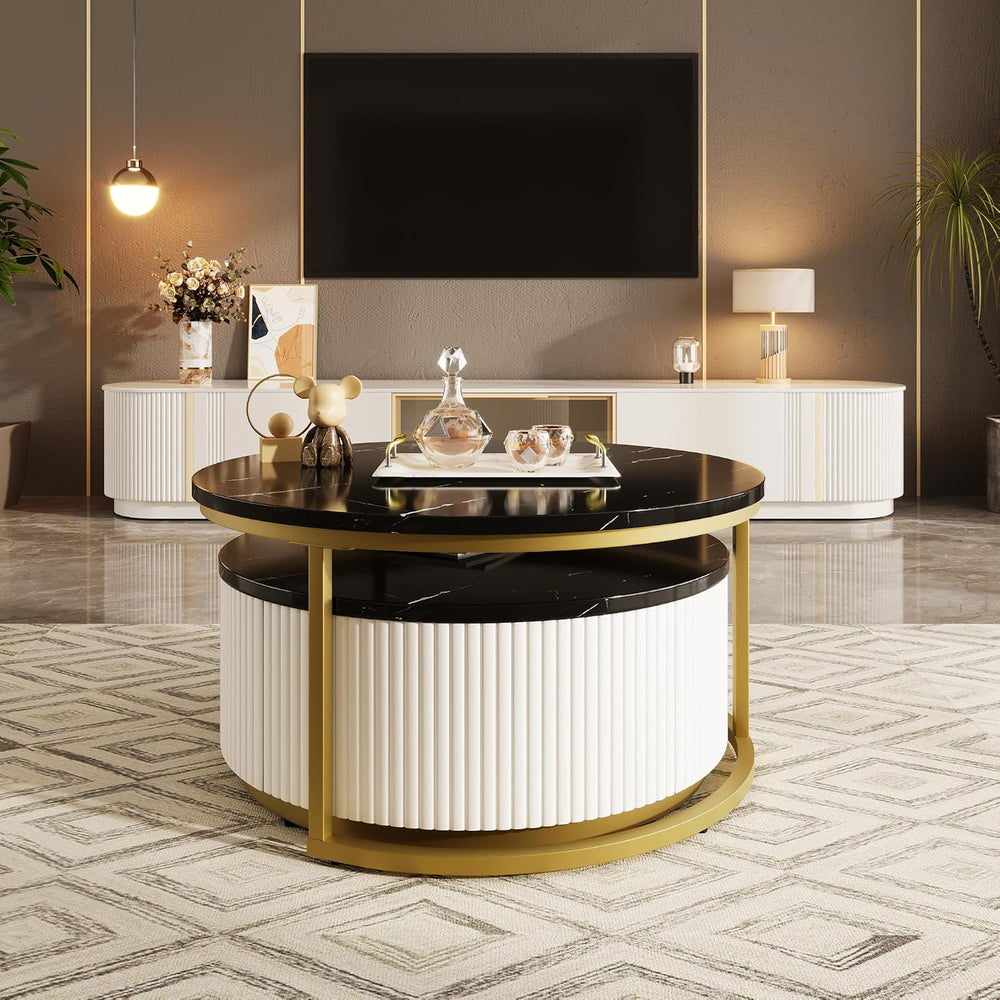 Modern Round Nesting Coffee Table Fluted with Drawer in Black & Gold in 3...