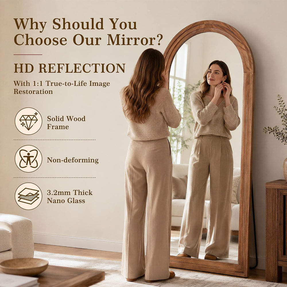 71"x32" Arched Full Length Mirror, Large Wood Floor Mirror, Brown