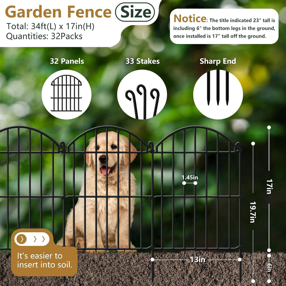 32 Panels Garden Fence, 34ft x 23in Animal Barrier Fences for Rabbits Dogs, R...