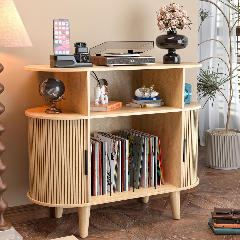 LUVIOHOME Large Round Record Player Stand with Charging Station & USB Ports