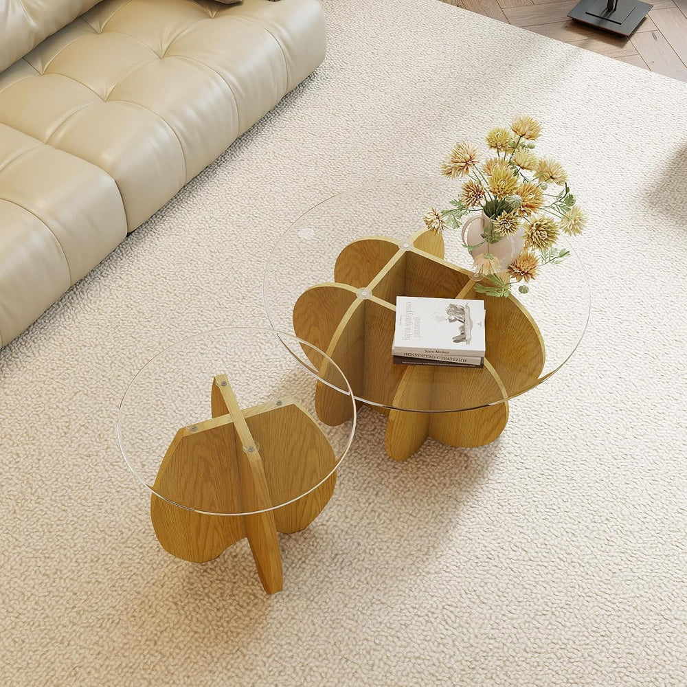 Shell-Shaped Coffee & Side Table with MDF Frame & Clear Tempered Glas...