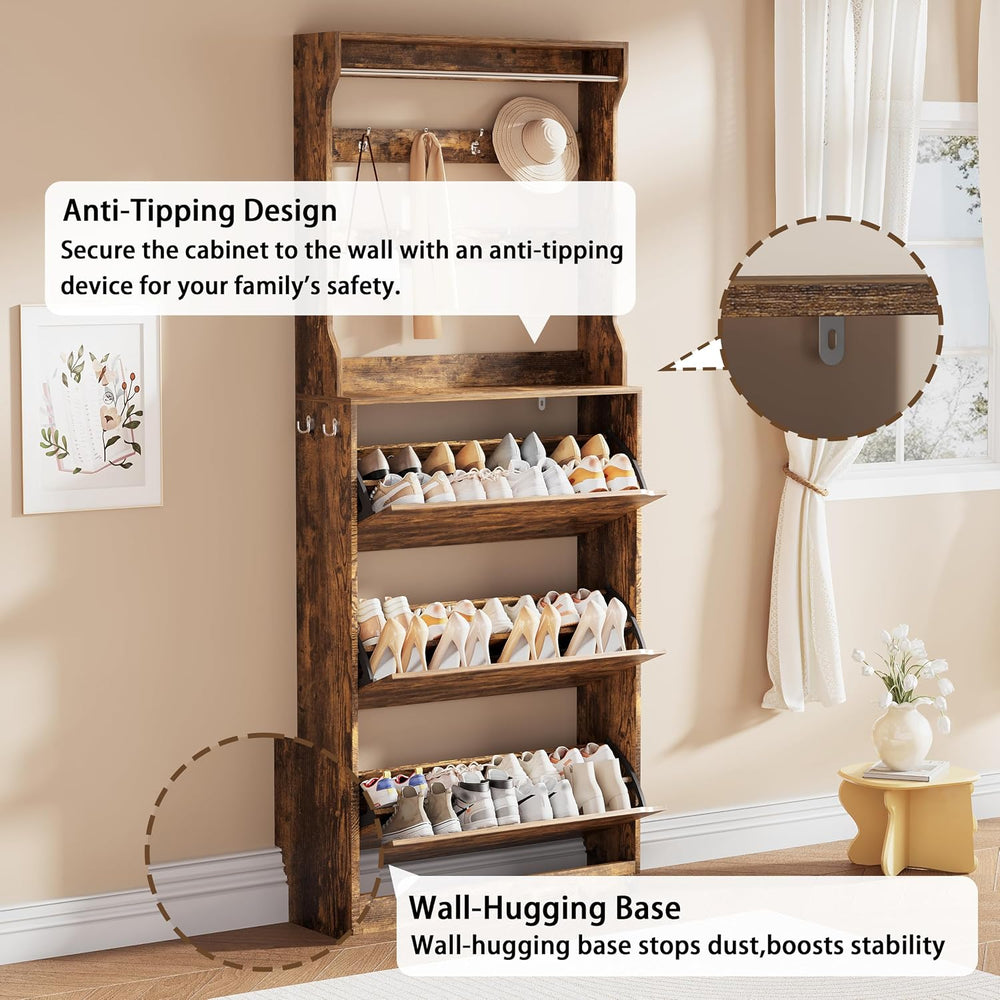 Brown Hidden Shoe Cabinet with 3 Flip Drawers & Coat Rack, Entryway