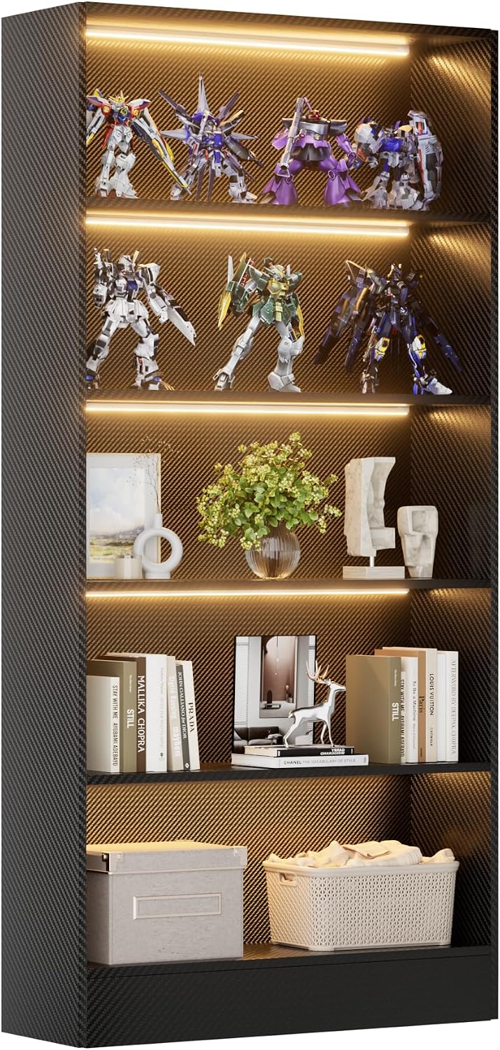 CODACE Tall Wooden 5-Tier Black Bookshelf - Display Cabinet with LED Lights