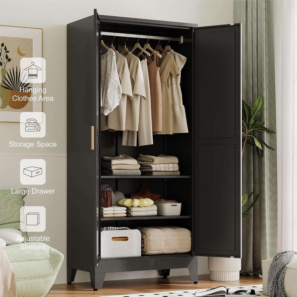 Baborokic Metal Armoire Wardrobe Closet with Hanging Rod,71H Metal Cabinet wi...