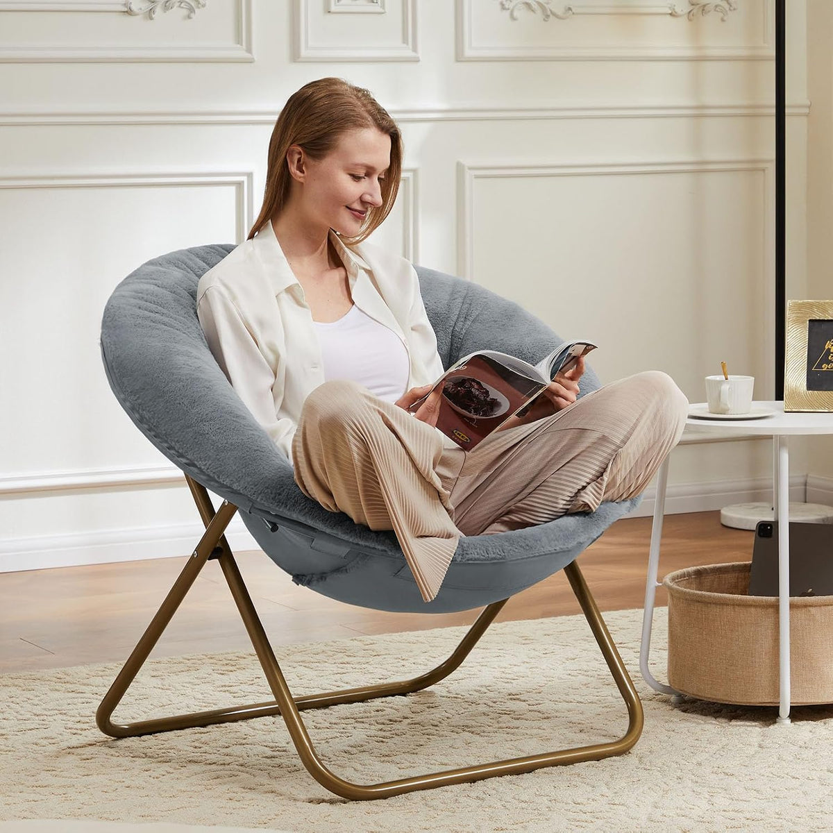 DUMOS Faux Fur Saucer Chair for Adults, Living Room Folding Lounge Chair