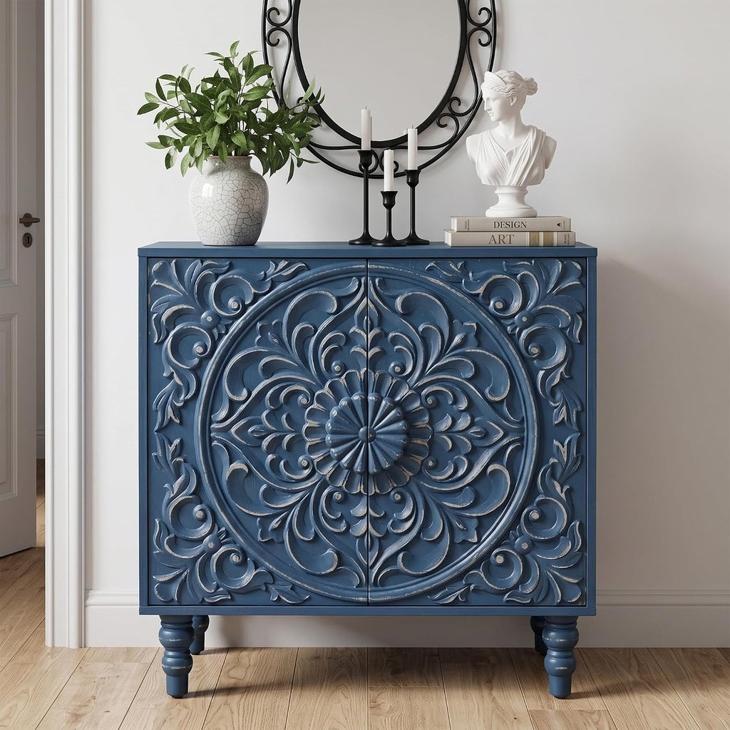 Blue Distressed Carved Accent Cabinet,2 Door Storage Sideboard for Entryway