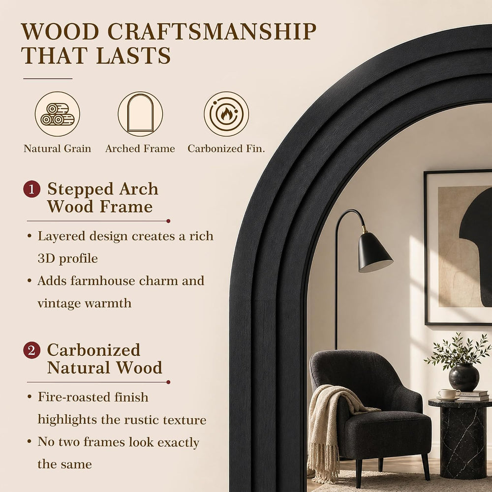 76"x34" Arched Full Length Mirror, Large Wood Floor Mirror, Black