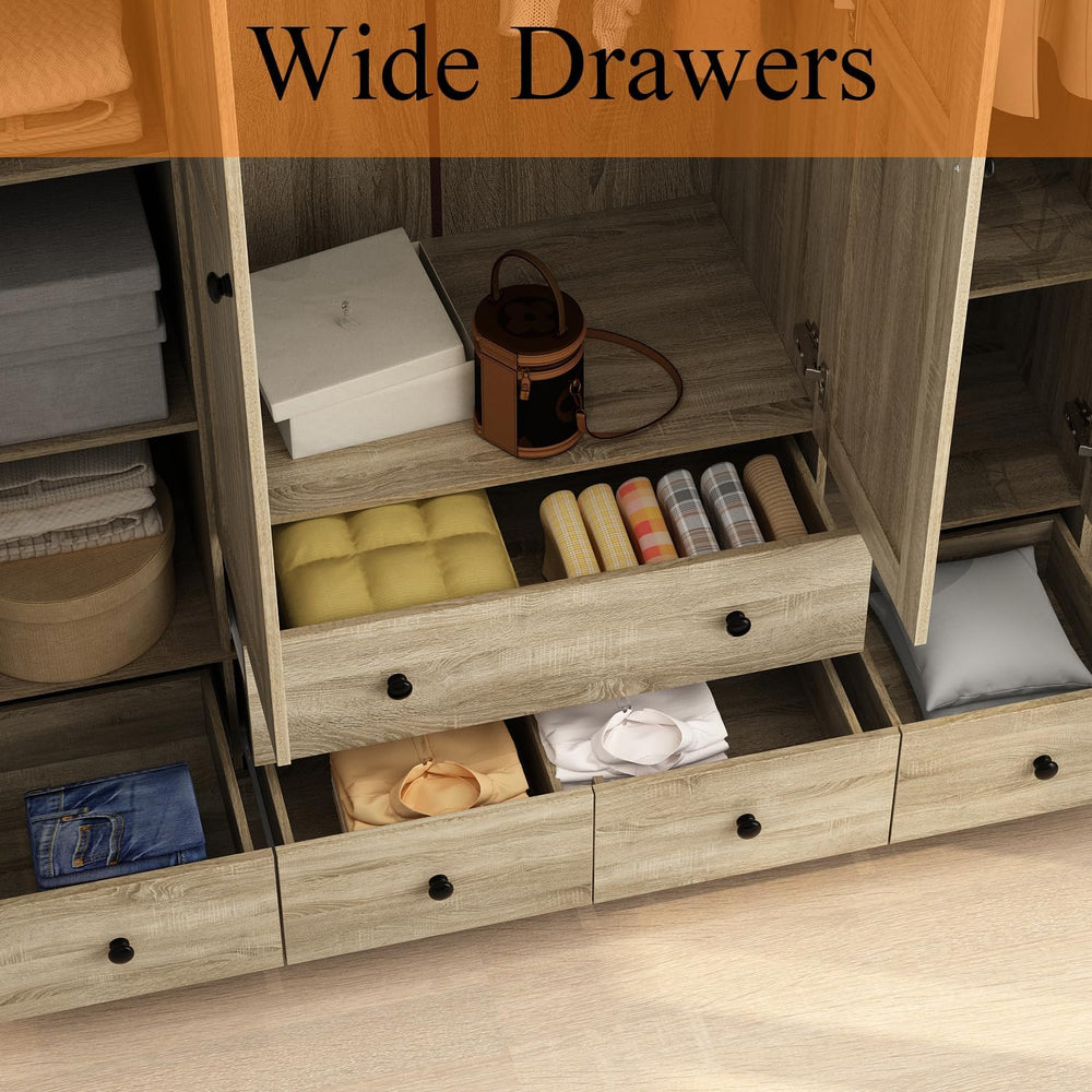 WOODTIME Rattan Armoire Wardrobe Closet with 7 Shelves, 5 Drawers & Hangi...