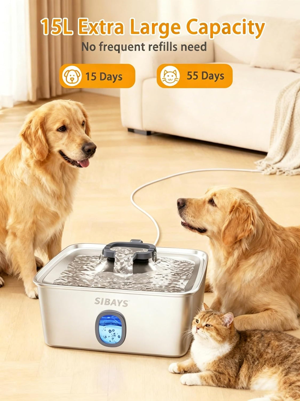 SIBAYS Large Dog Water Fountain, 4Gal/15L Large Capacity Stainless Steel Dog ...