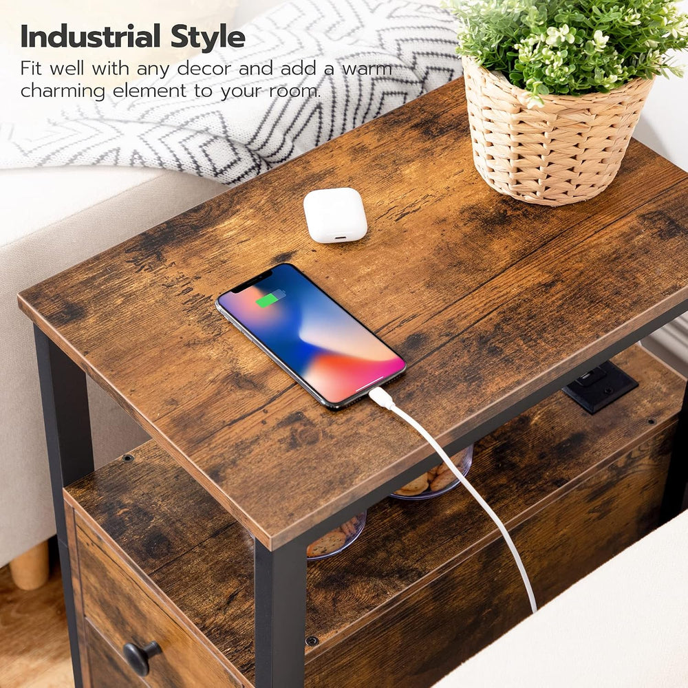 HOOBRO Set of 2 End Tables with Charging Station, Narrow Side Table with Draw...