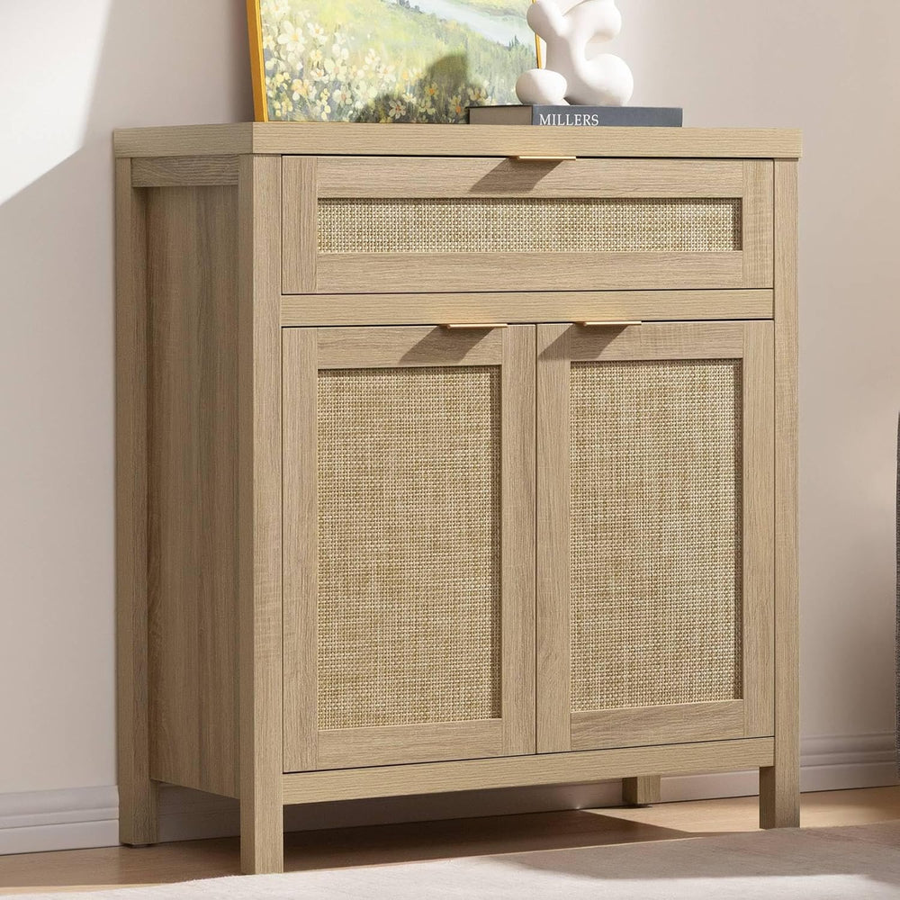 SICOTAS Sideboard Buffet Storage Cabinet, Rattan Accent Cabinet with Doors