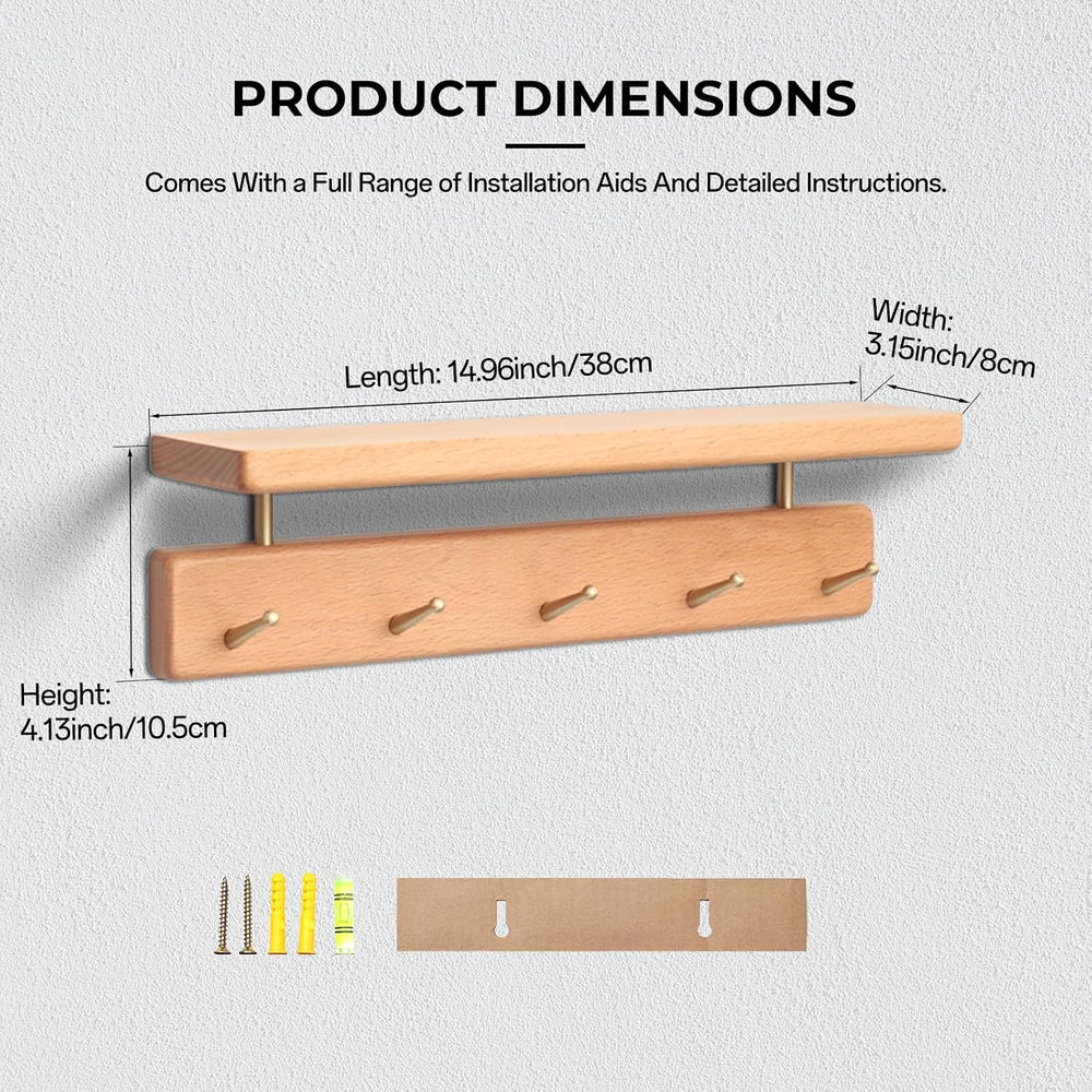 Beech Wood Coat Rack with Shelf, Wall Mounted Rack with 5 Hooks