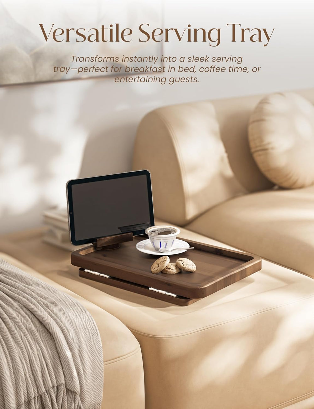 HOLANA 15.75" Acacia Couch Armrest Table with Phone Holder, Walnut Color