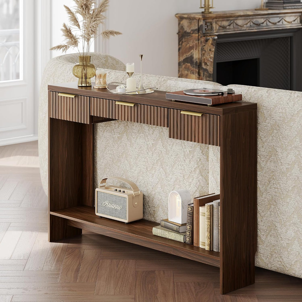 Entryway Console Sofa Table with 3 Drawers, Black Walnut | Fluted Entryway Table with Open Storage Shelf, Narrow Long Behind Couch Sofa Table for Living Room