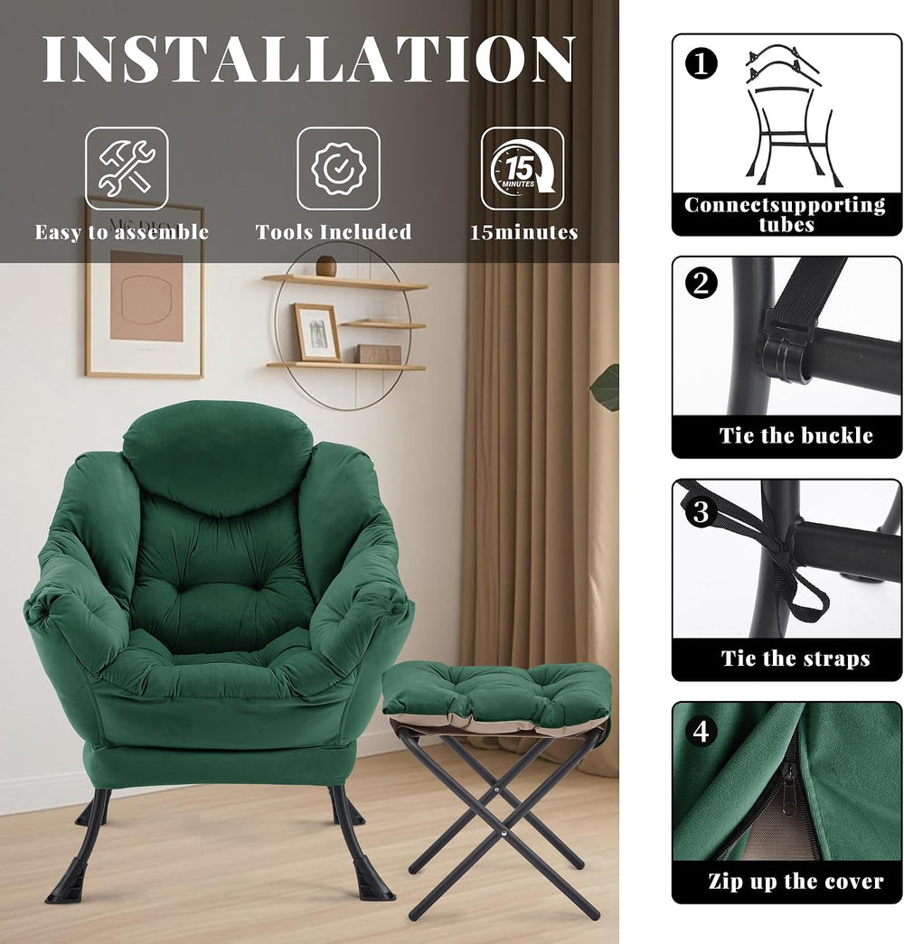 Lazy Chair with Ottoman, Comfy Reading Chair, Emerald Green