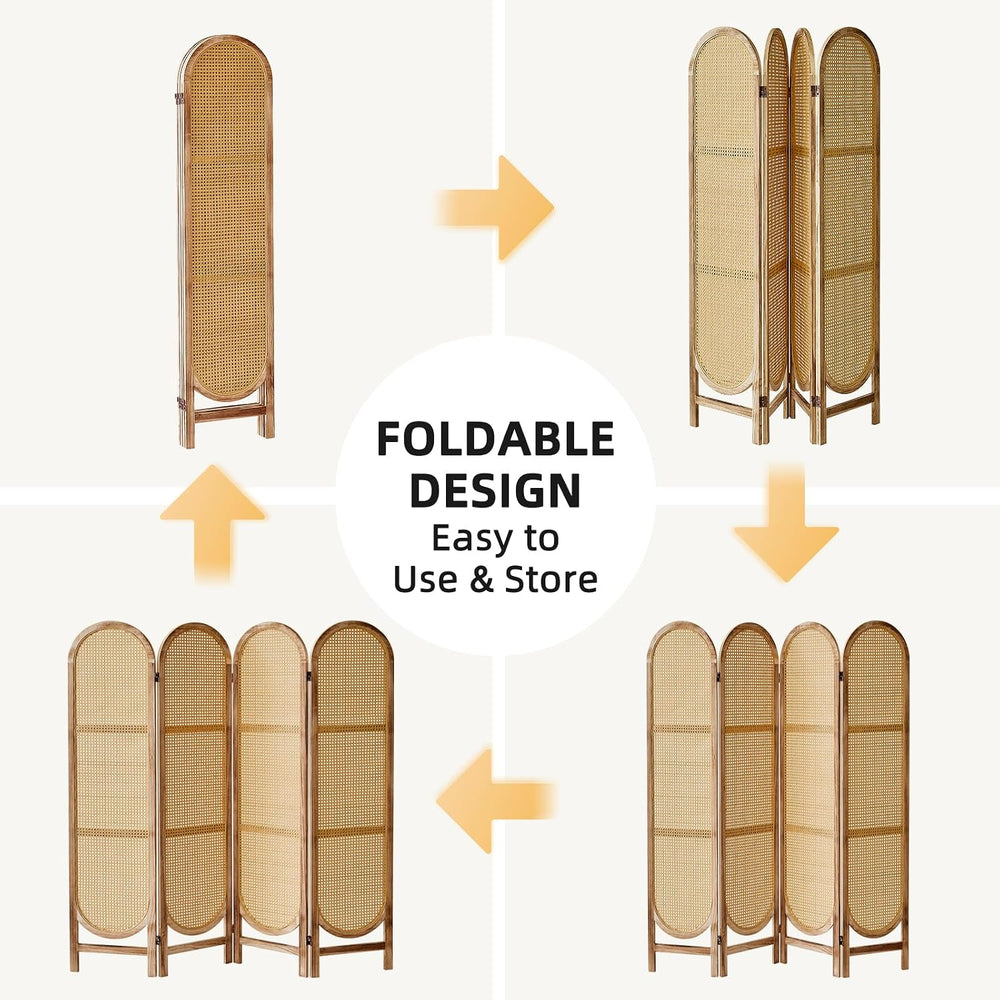 4 Panel Rattan Room Divider, Folding Room Divider Screen, Natural
