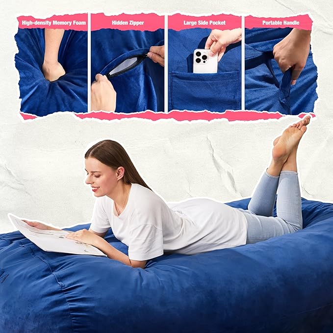 Hobestluk 4FT Bean Bag Chair Large Beanbag with Removable Cover Adult Bean Bag Chair with Portable Handle Desgin for Living Room Bedroom (Blue, 4FT)