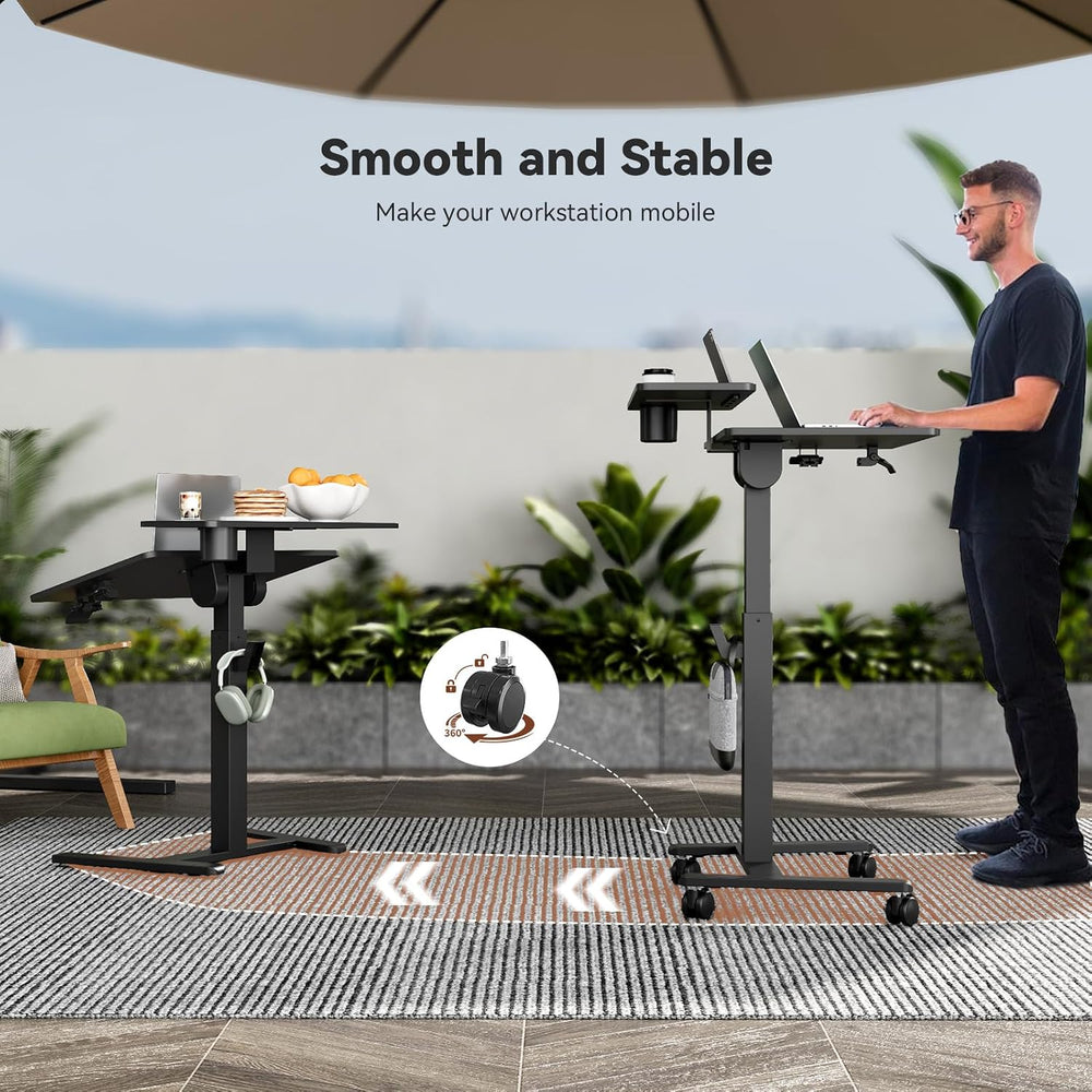 28" Mobile Standing Desk, Tiltable Top with 2-Tier Shelves, Black
