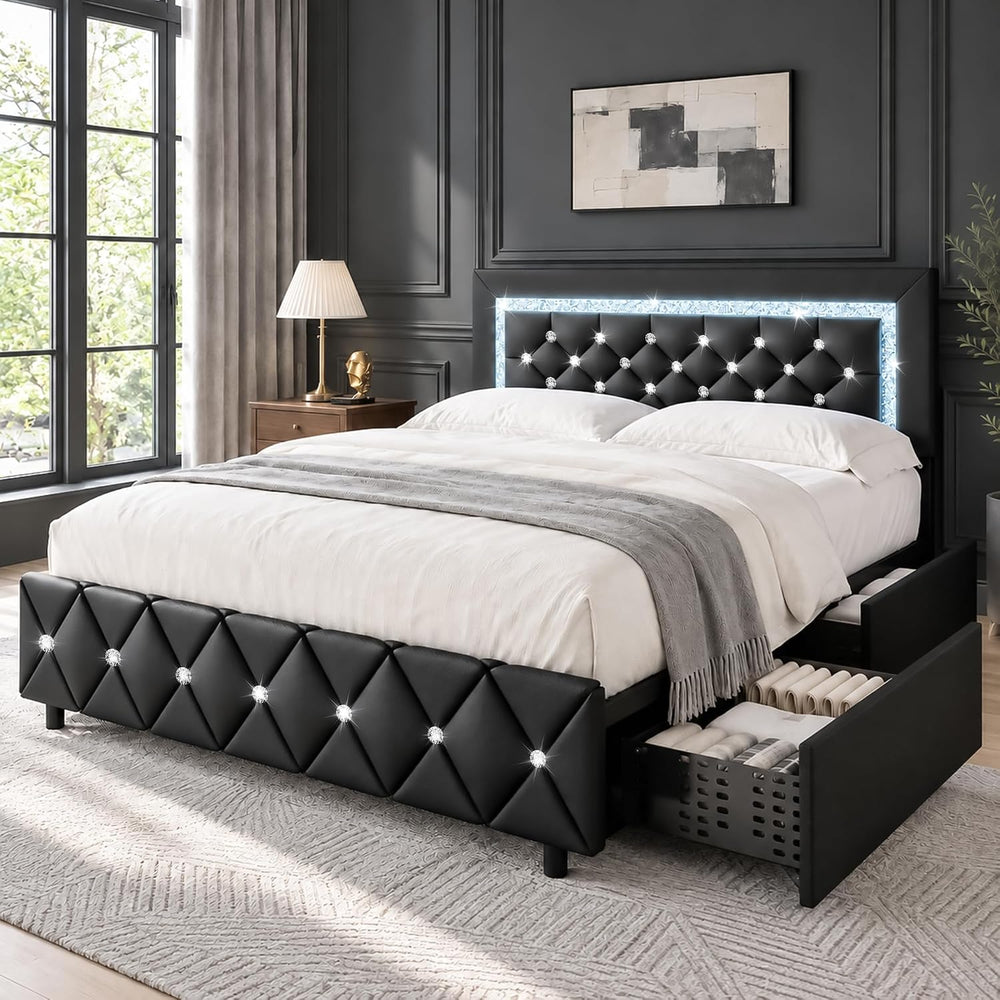 BarnFurin Queen Bed Frame with LED Headboard and Storage Drawers,Black