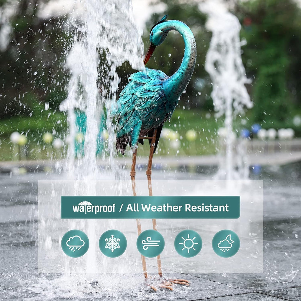chisheen Crane Garden Statues, Metal Garden Crane Outdoor, Blue Heron Sculptu...