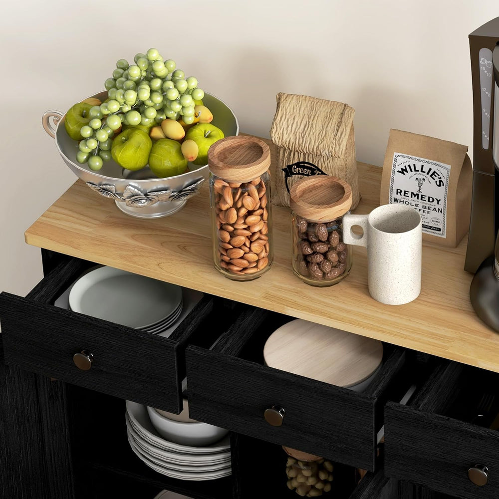 HOMCOM Sideboard Buffet Cabinet Solid Wood Countertop Modern Black