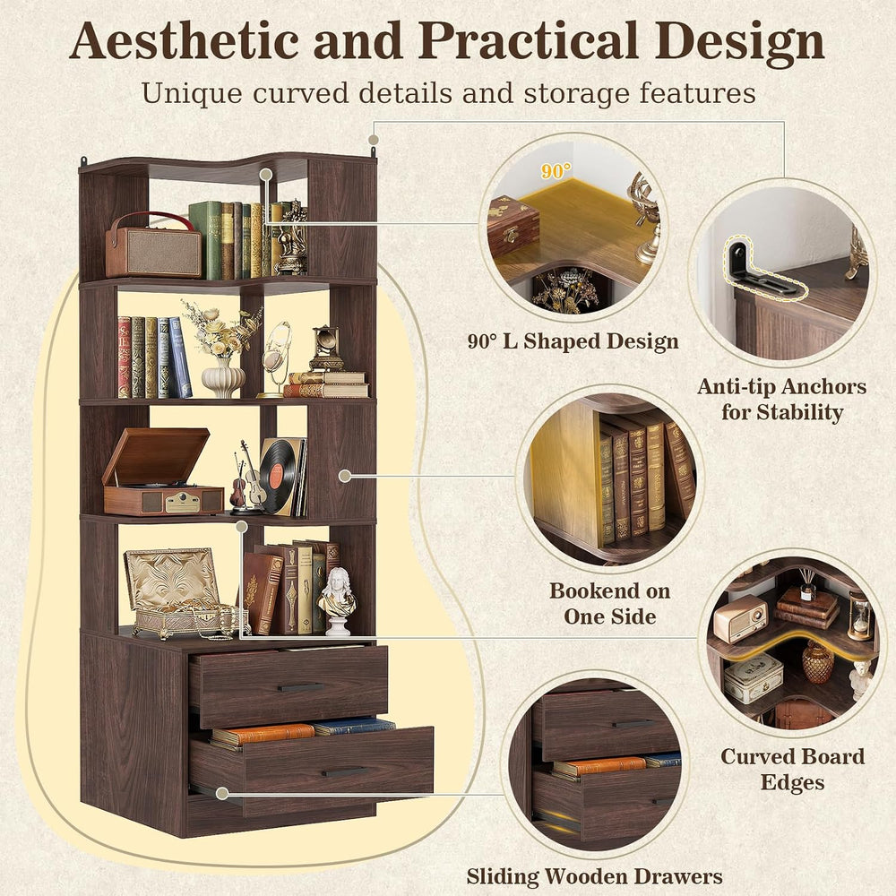 Armocity Corner Book Shelf with Drawers, Small Corner Shelf with Drawers