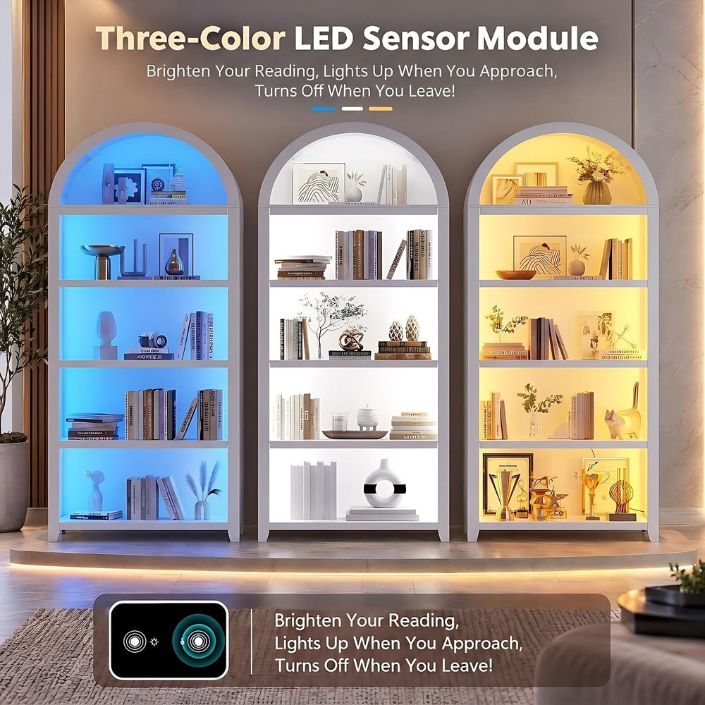 5-Tiber Arched Bookcase with 3-Color Lights & Motion Sensor, White