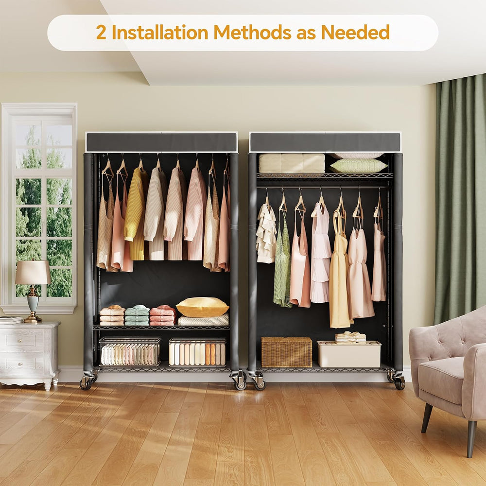 Higeego H4 Clothing Rack with Cover, Rolling Heavy Duty Clothes Rack, Black