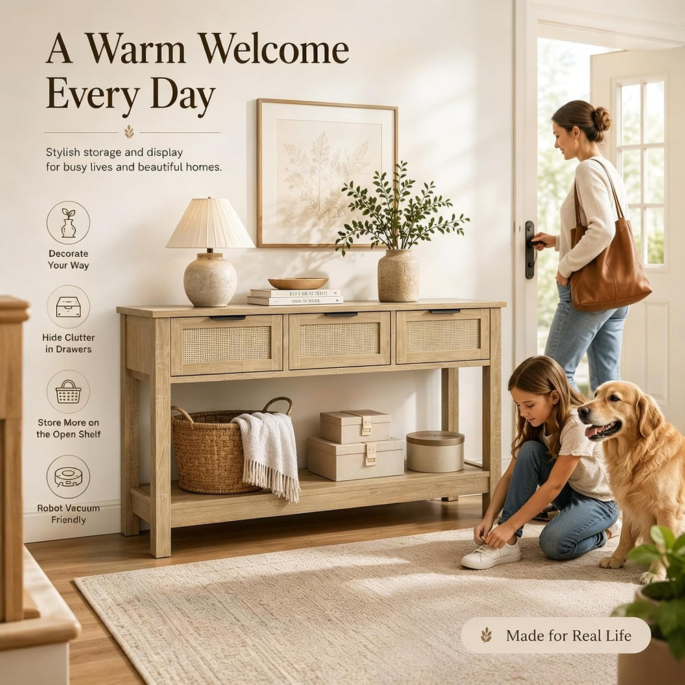 Luoxiao Rattan Console Table 3-Drawer 47" Narrow Wood Entryway Sofa Table