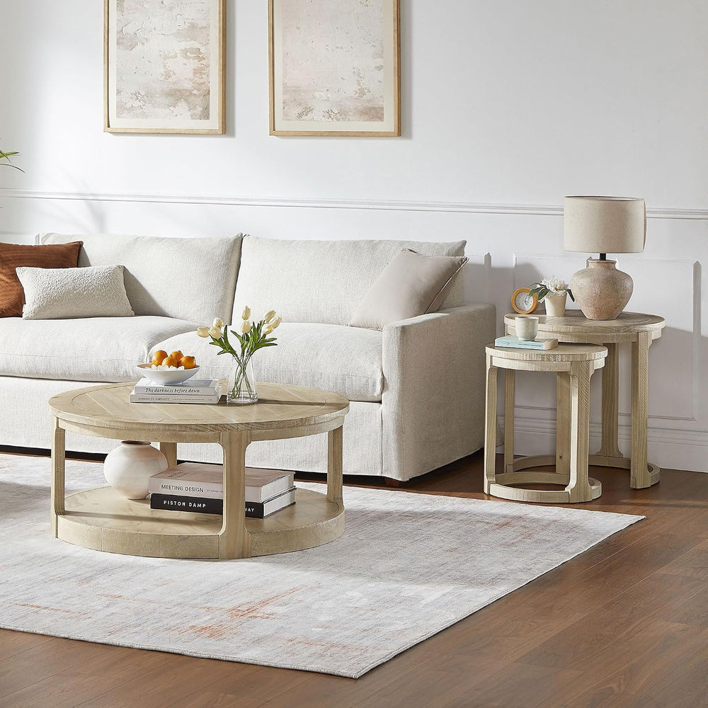 WILLIAMSPACE Round Nesting Coffee Table Set of 3, Mid Century Rustic Farmhous...