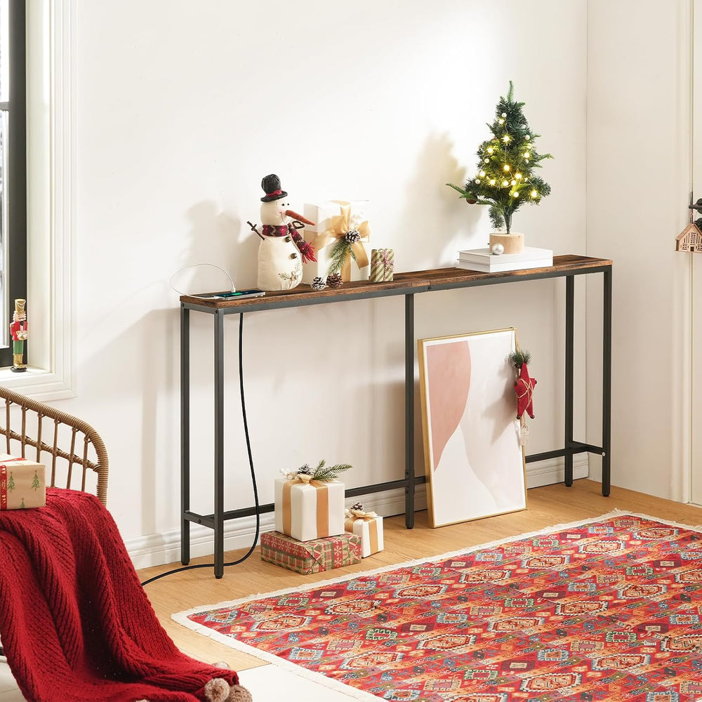 MAHANCRIS 63" Console Table with Power Outlet, Narrow Sofa Table, Brown