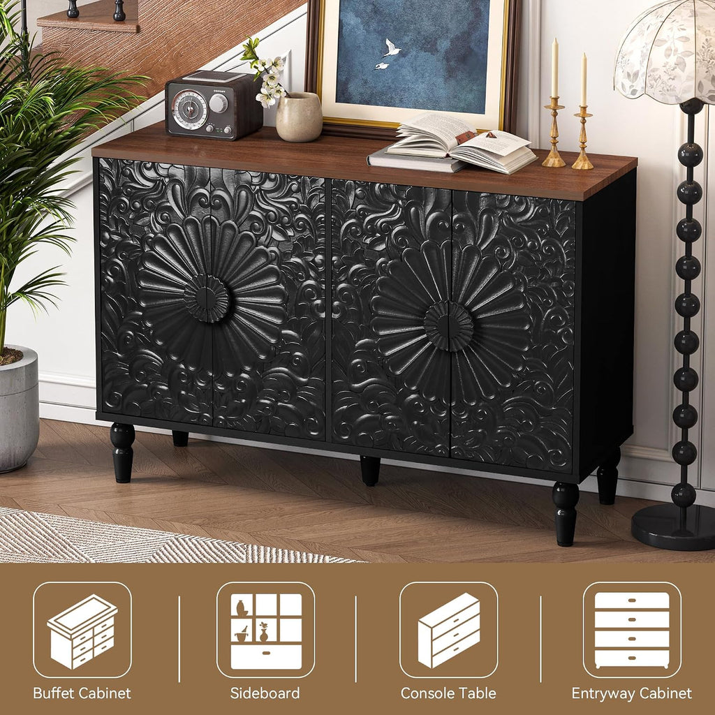 Sideboard Buffet Cabinet with 4 Carved Flower Doors, Black