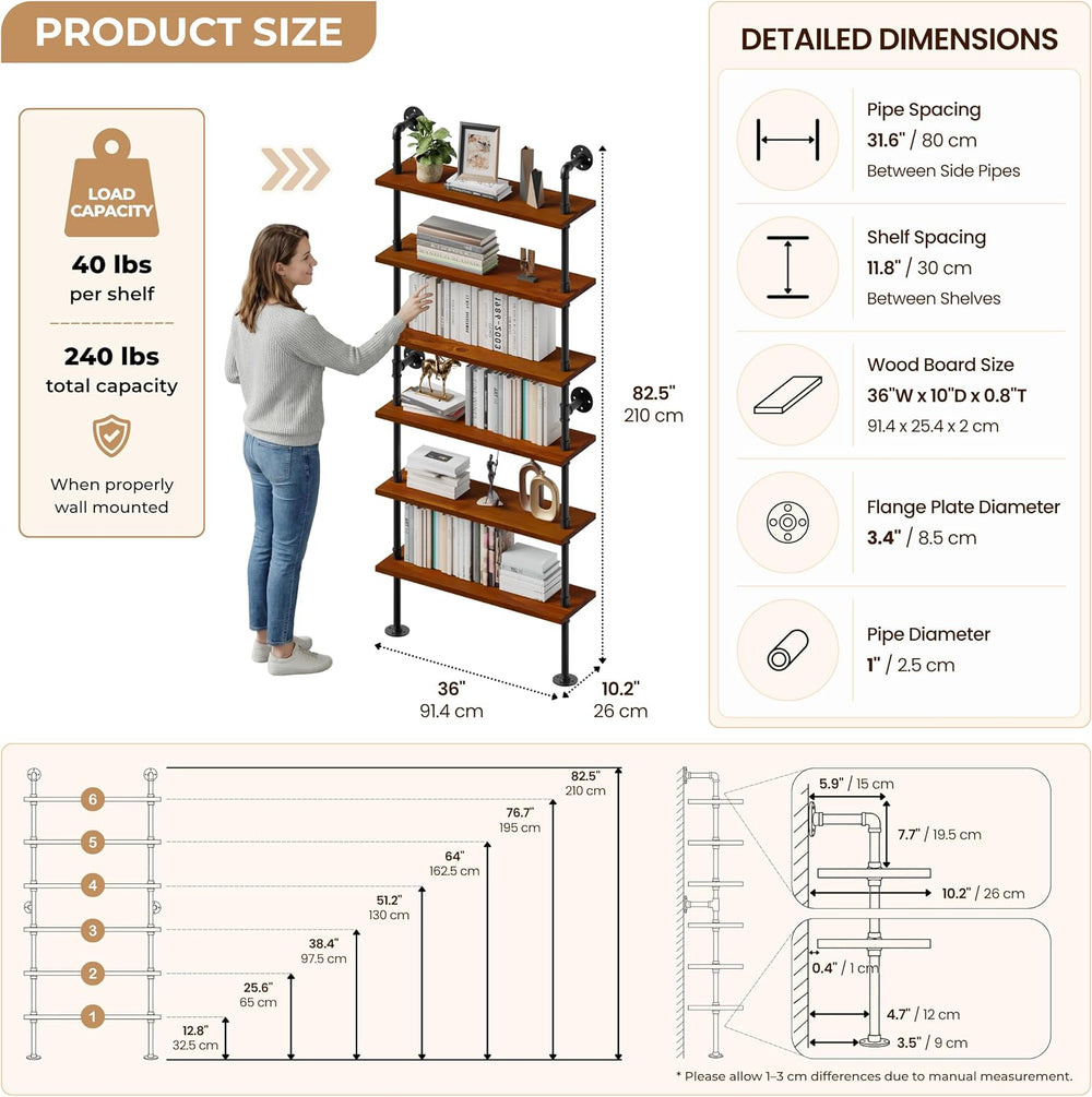 6-Tier LED Ladder Shelf, Wall Mounted Pipe Bookshelf, Walnut Brown 36 Inch