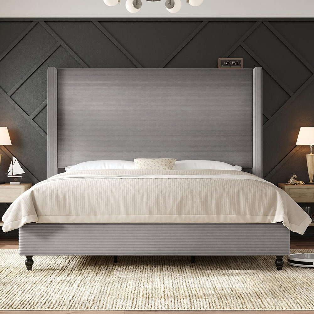 AMERLIFE California King Upholstered Bed Frame with Headboard, Light Grey