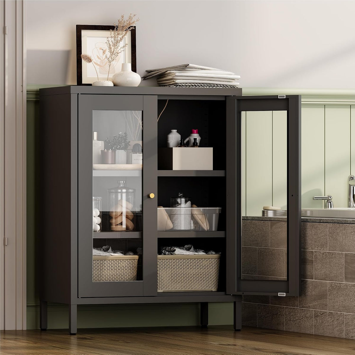 YAUWOH Metal Bathroom Cabinet with Glass Doors,Bathroom Floor Storage Cabinet with 2 Adjustable Shelves & 2 Doors, Sideboard for Small Spaces, Living Room, Dining Room, Home Office