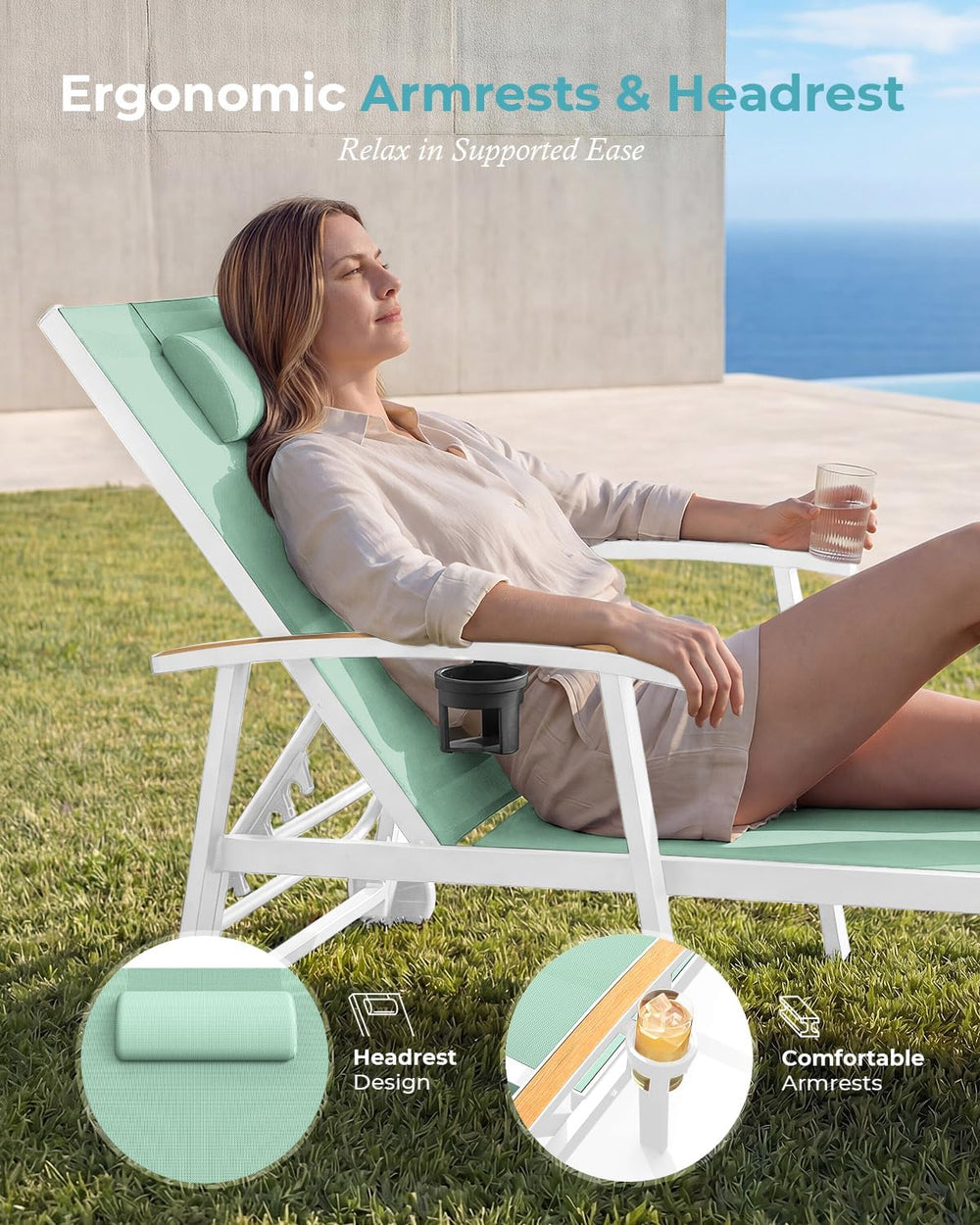 Ciokea Outdoor Lounge Chair with Pillow Set of 2, 5-Position Aluminum Chaise ...