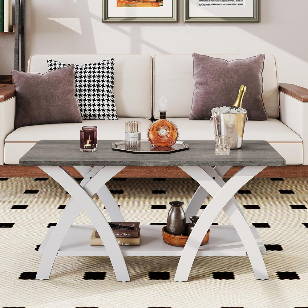GIANTEX Farmhouse Coffee Table, 2-Tier Wood Center Table with Storage Shelf &...