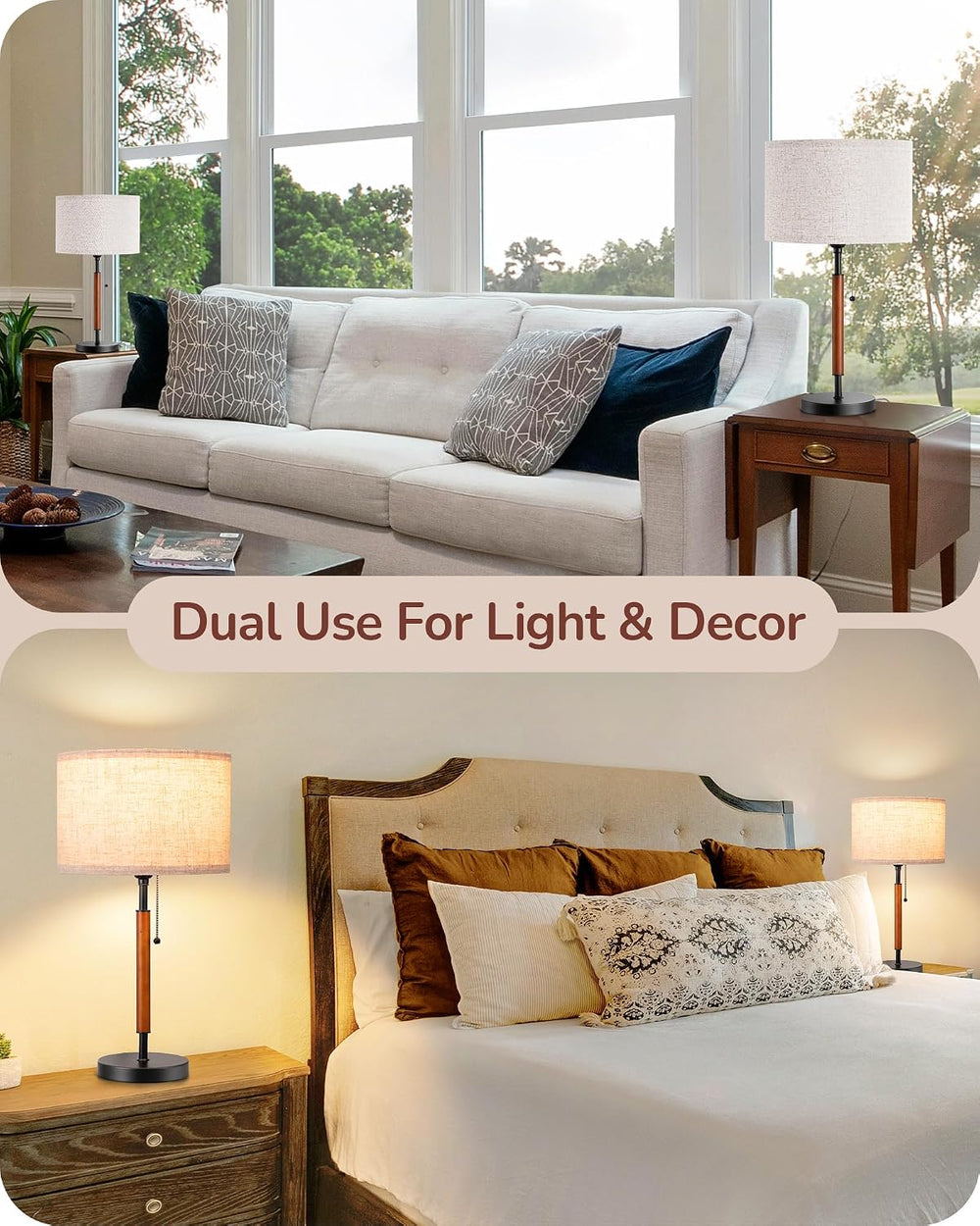 EDISHINE Mid Century Table Lamp Set of 2, Pull Chain Switch, Metal Base