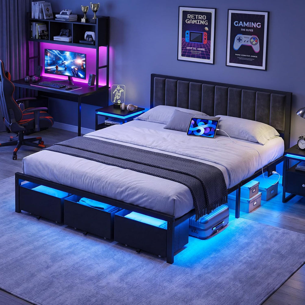 OLEVS King Bed Frame with 3 Drawers, Charging Station & RGB LED Lights