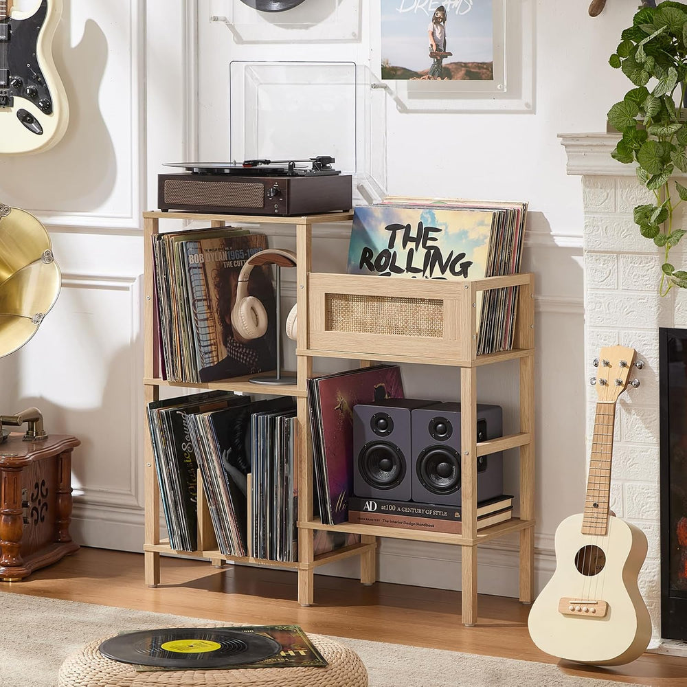 LELELINKY Record Player Stand, Natural Oak Wood Record Holder with Vinyl Stor...