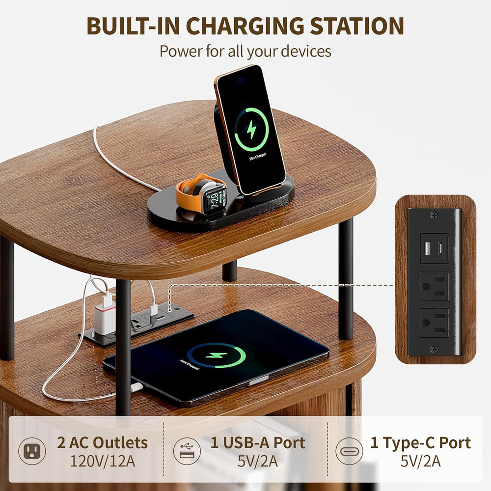 Fluted Nightstand, Walnut Bedside Table with Charging Station