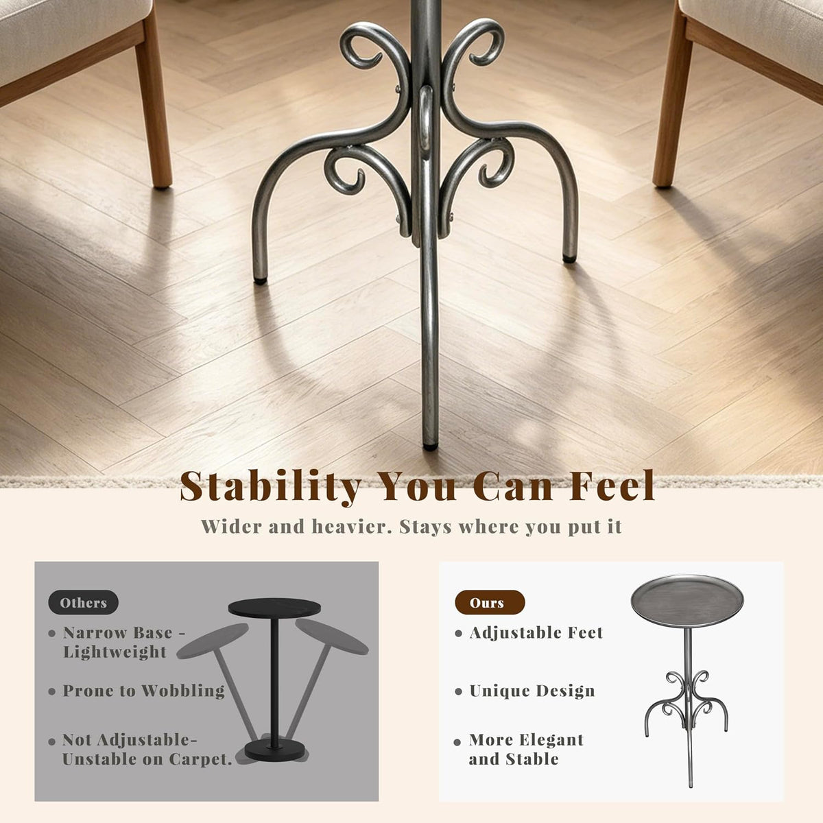 Round Side Table, Small Metal Drink Table for Small Spaces, Modern Martini Table for Living Room, Bedroom, Corners, and Office,Antique Silver