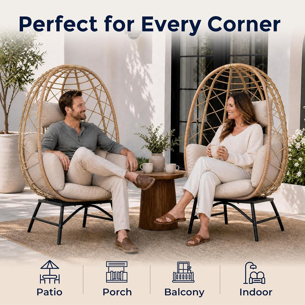 SWITTE Outdoor Wicker Egg Chair with Cushion, Patio Lounge Chair, Beige