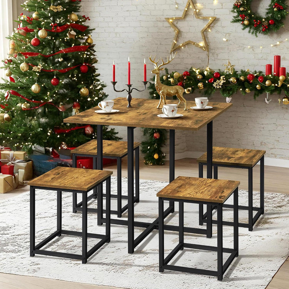 Yaheetech, Kitchen Table and Chairs Set for 4, Space Saving, Rustic Brown