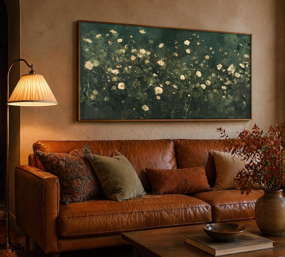 KIRFOLUC Large Abstract Floral Wall Art Dark Green White Botanical Wildflower...