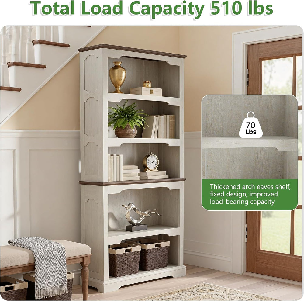 70'' Farmhouse White Bookcase Bookshelf, 5 Tiers Bookshelf with Arche...