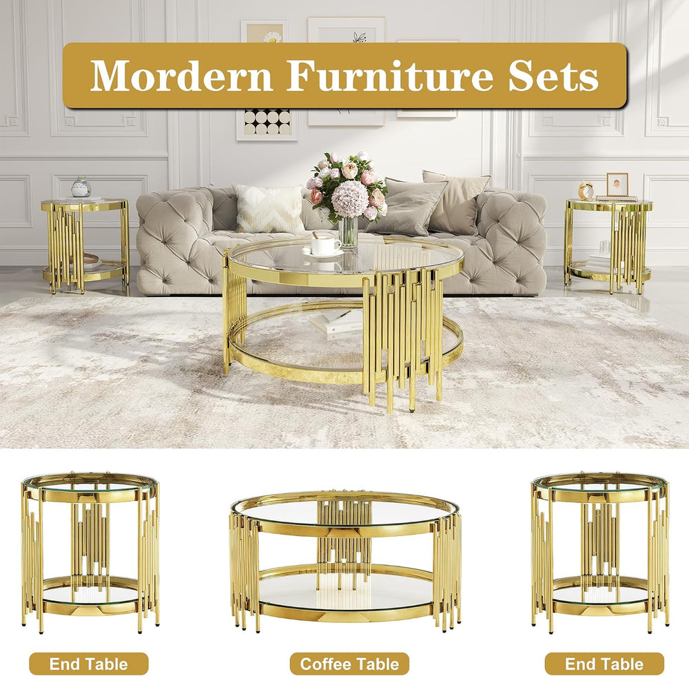 Round Glass Coffee Table Set of 3, Gold and Clear Modern Living Room Table Se...