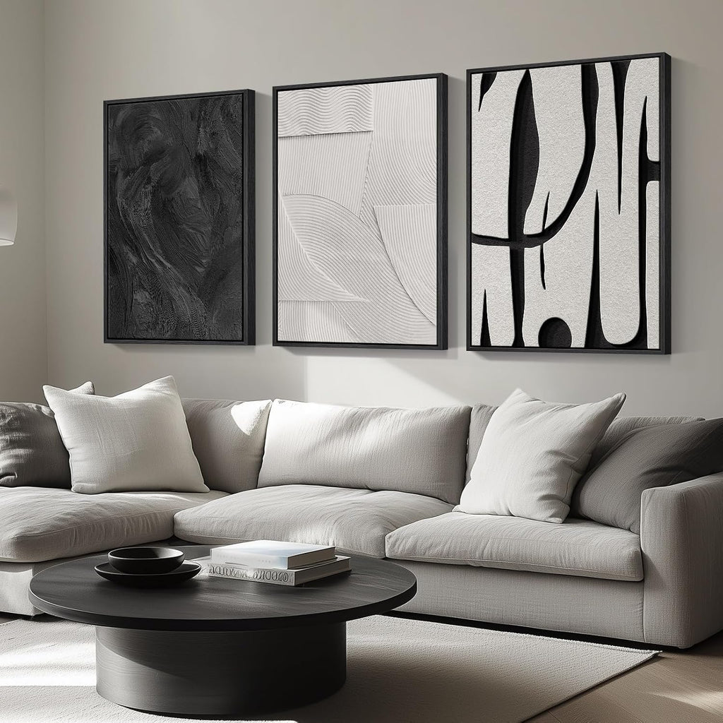 Framed Black and White Abstract Wall Art for Living Room, 3 Piece 24x36 In