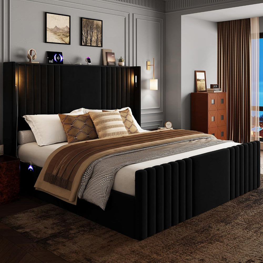 55" Tall King Size Platform Bed Frame with 2 Reading Lights, Black