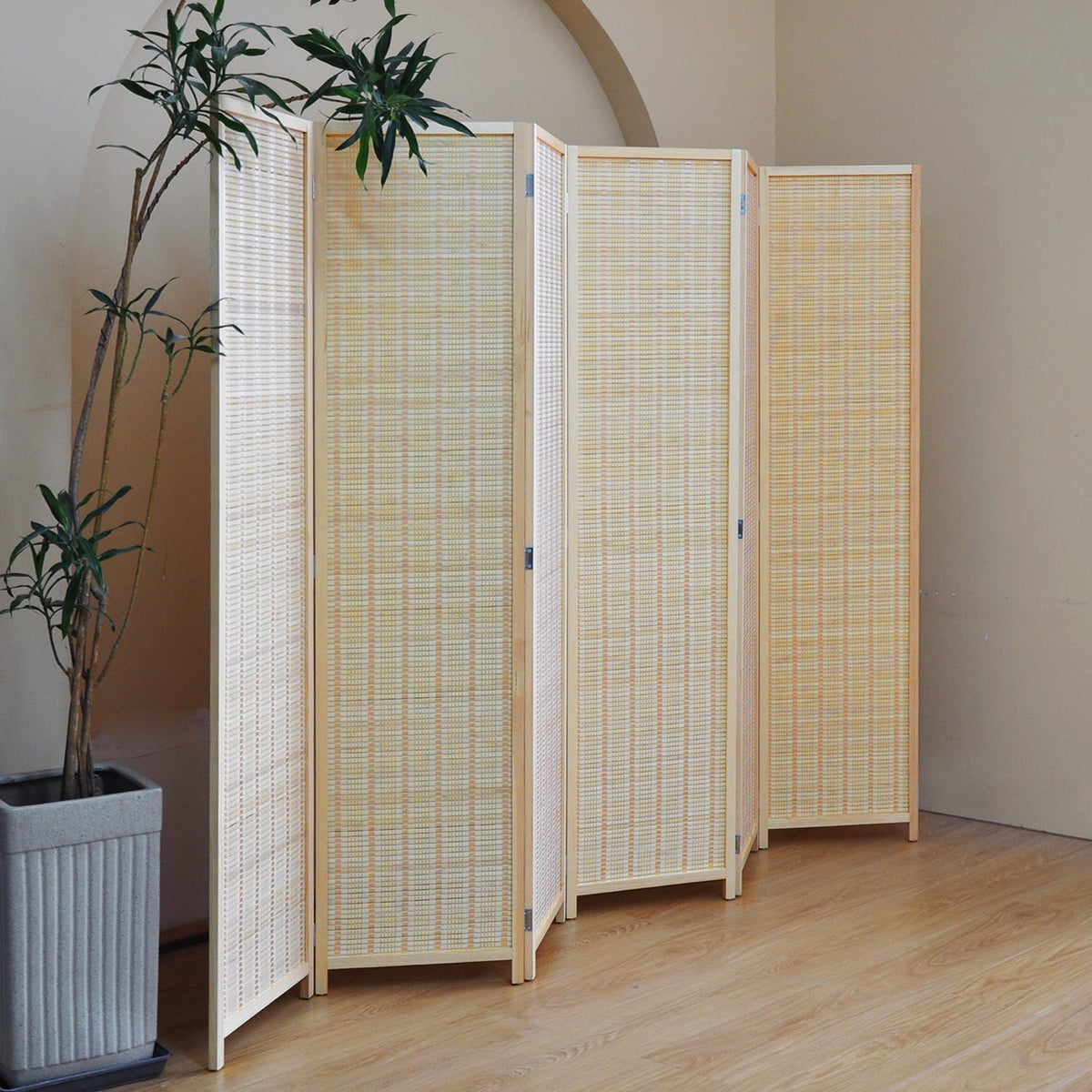 Furnnylane 6 Panel Bamboo Room Divider – 5.6 ft Tall Folding Privacy Screen, Natural Beige Freestanding Room Partition Wall (67" H x 92.1" W, 6-Panel)